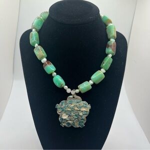 Sterling Silver Chrysoprase Pearl Necklace w Abalone Shell Pendant. Beautiful!